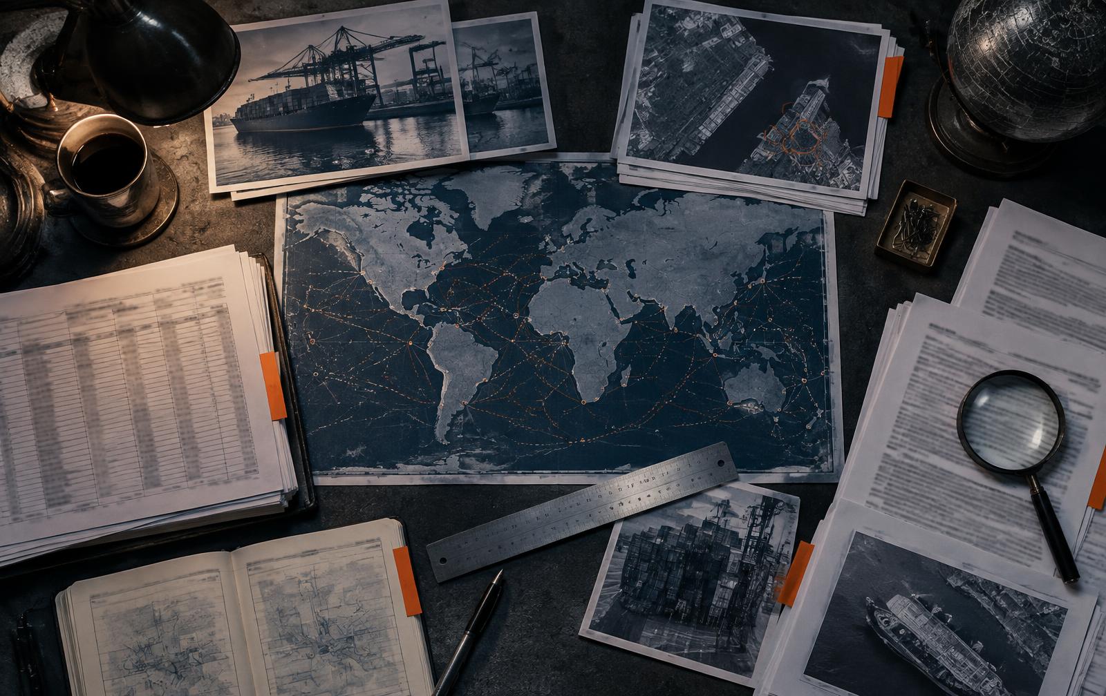 Analyst desk with route maps, shipping records and source documents arranged for verification