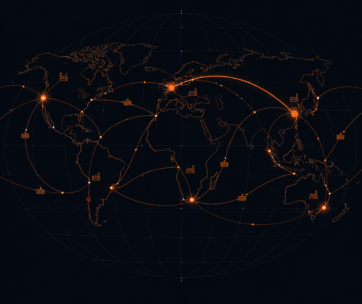 Illustrated signal map of global supply chain routes connecting ports and production nodes