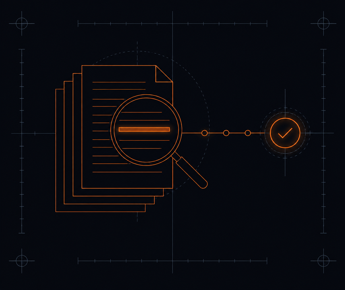 Illustration of layered source documents under a verification lens with a chain of custody