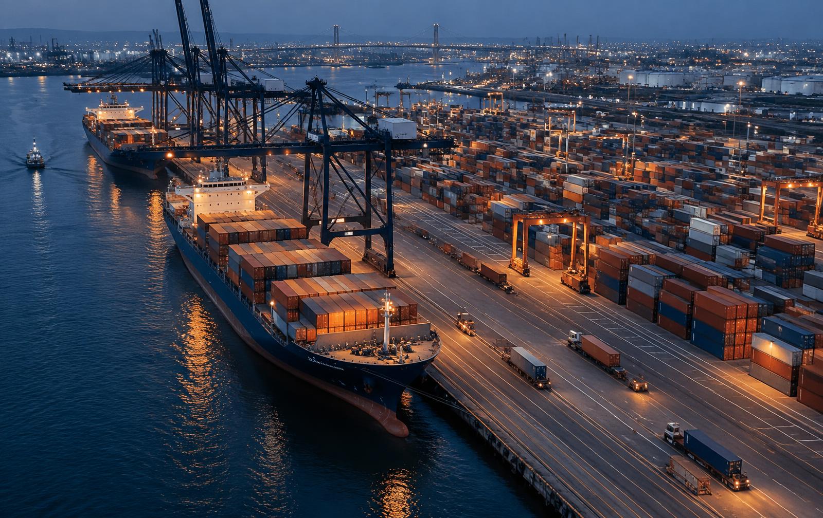 Container ships alongside working port cranes at blue hour