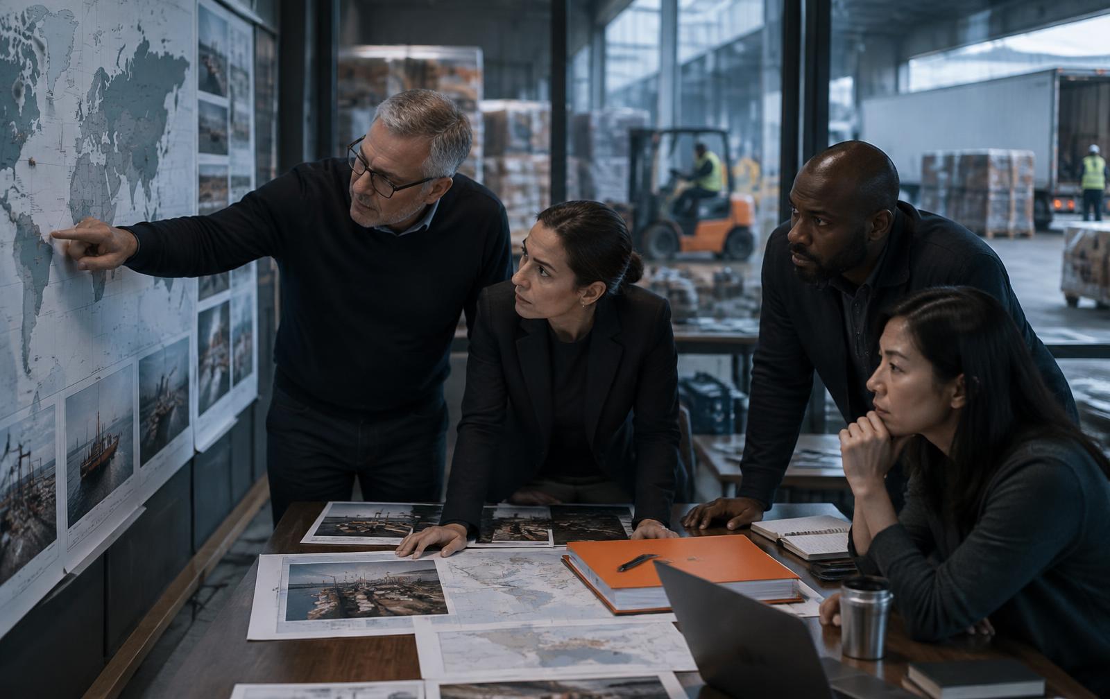 Supply chain leaders reviewing a global logistics map during an operating meeting